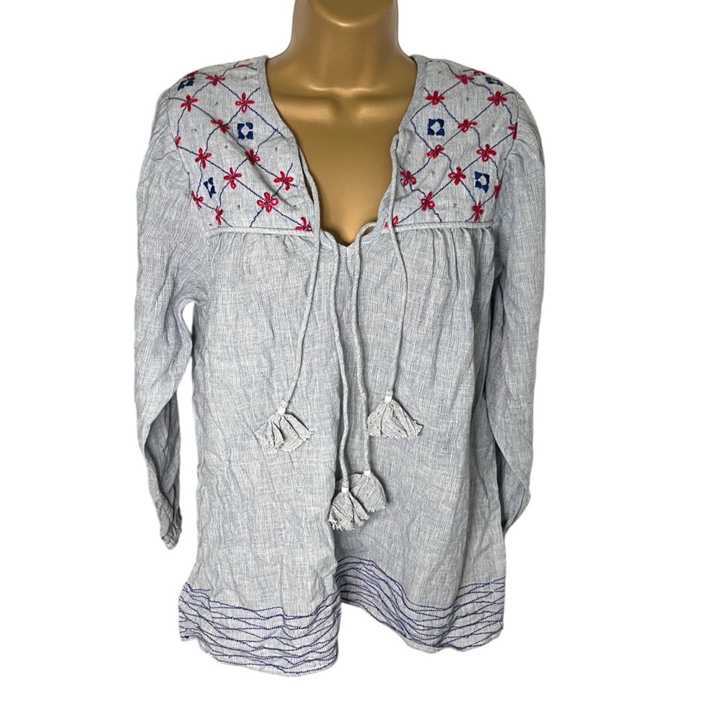 Umber & Ochre Boho Handwoven Gauge Peasant Top Blue White Small